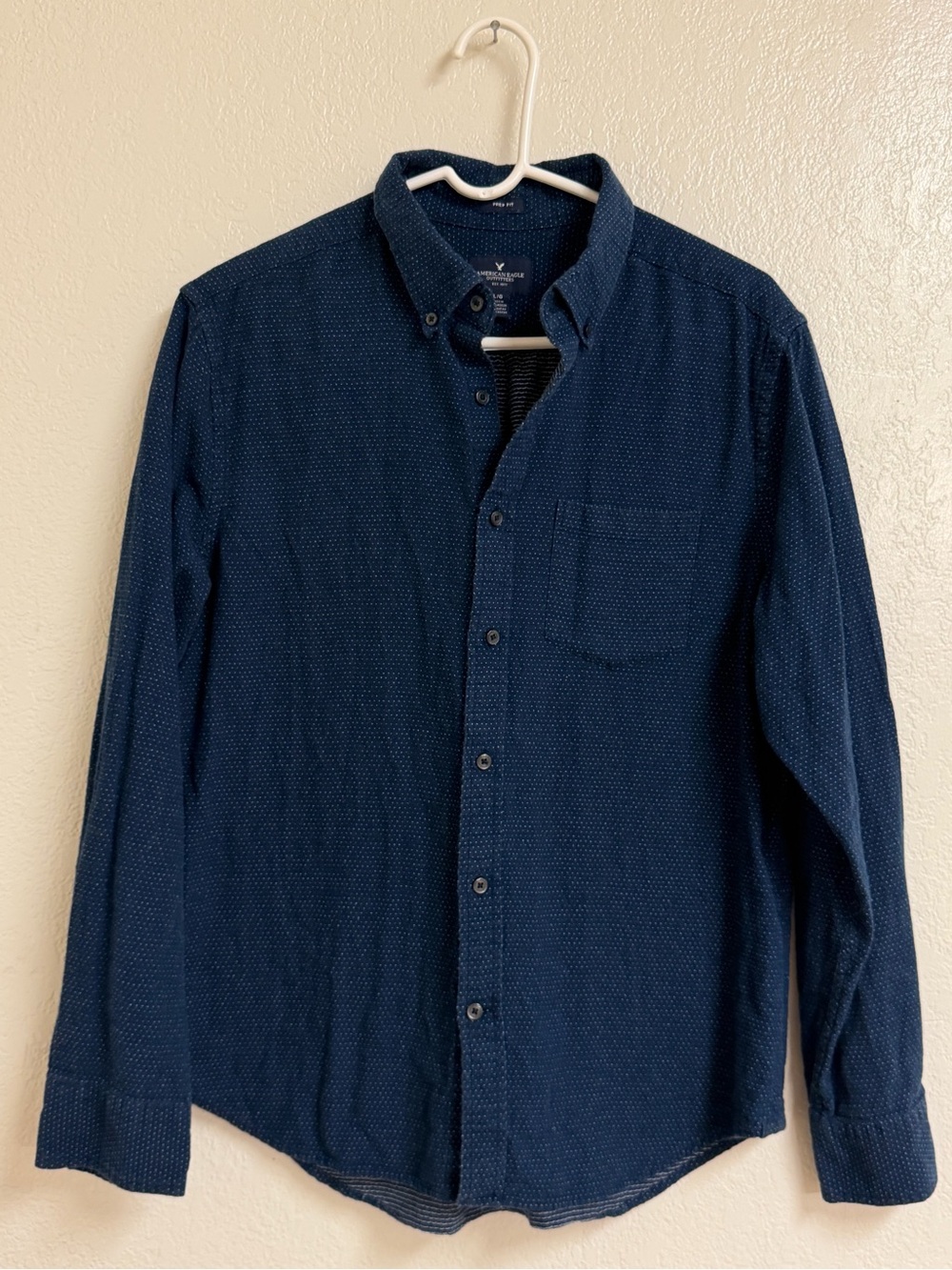 American Eagle Outfitters Navy Button-Down Shirt with Subtle Texture